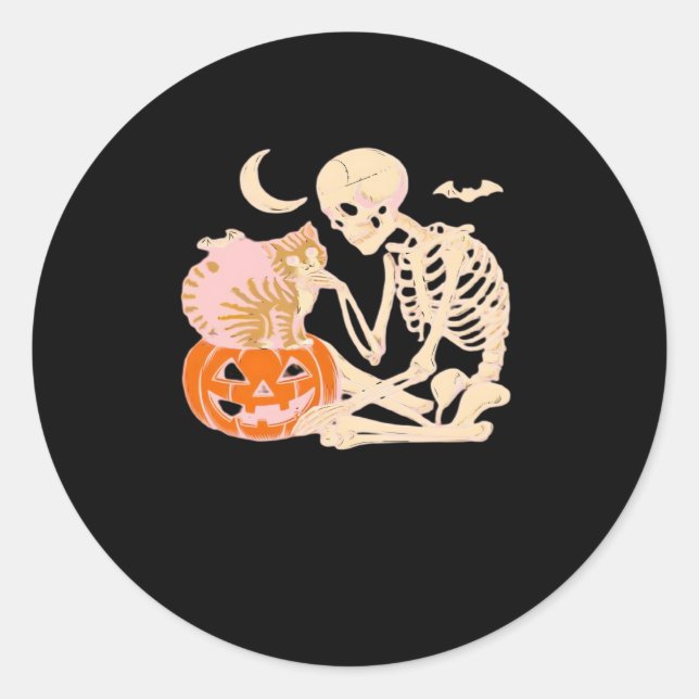 Skeleton Hugging Cat Halloween Cat Lover Cat Class Classic Round Sticker (Front)