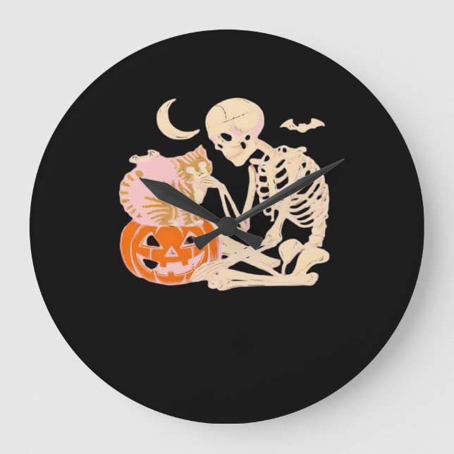 Skeleton Hugging Cat Halloween Cat Lover Cat Class Large Clock (Front)