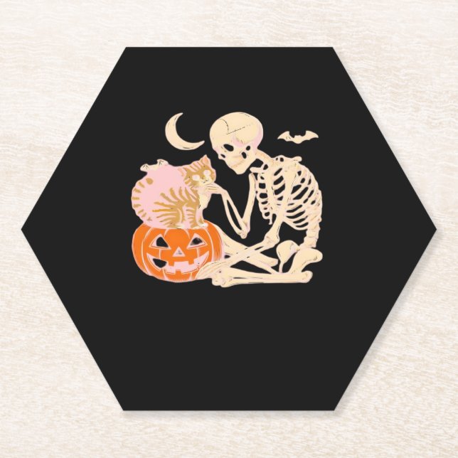 Skeleton Hugging Cat Halloween Cat Lover Cat Class Paper Coaster (Front)