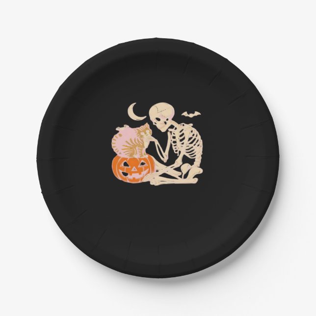 Skeleton Hugging Cat Halloween Cat Lover Cat Class Paper Plate (Front)