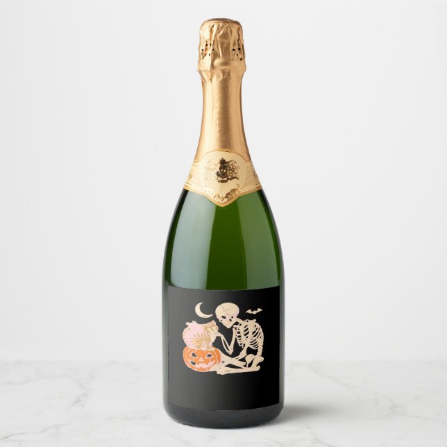 Skeleton Hugging Cat Halloween Cat Lover Cat Class Sparkling Wine Label (Front)