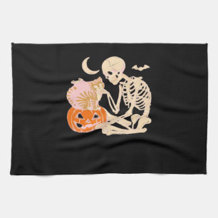 Skeleton Hugging Cat Halloween Cat Lover Cat Class Tea Towel