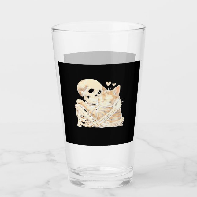 Skeleton Hugging Cat Halloween Cat Lover Cat Mom D Glass (Front)