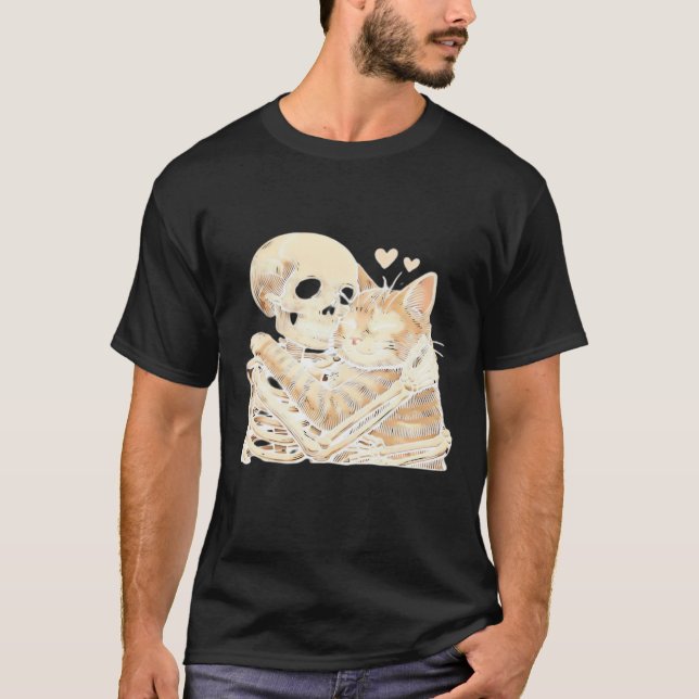 Skeleton Hugging Cat Halloween Cat Lover Cat Mom D T-Shirt (Front)