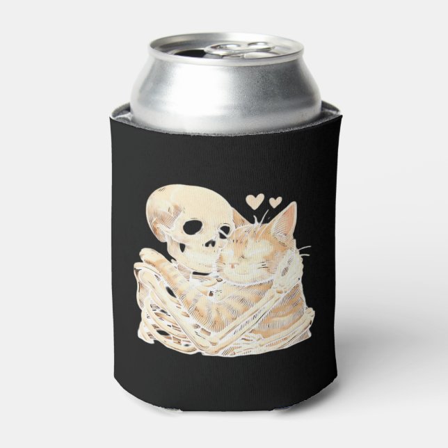 Skeleton Hugging Cat Halloween Cat Lover Cat Mum D Can Cooler (Can Front)