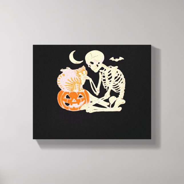 Skeleton Hugging Cat Halloween Cat Lover Cat Mum D Canvas Print (Front)