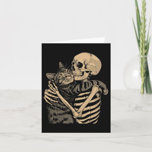 Skeleton Hugging Cat Halloween Cat Lover Cat Mum D Card (Front)