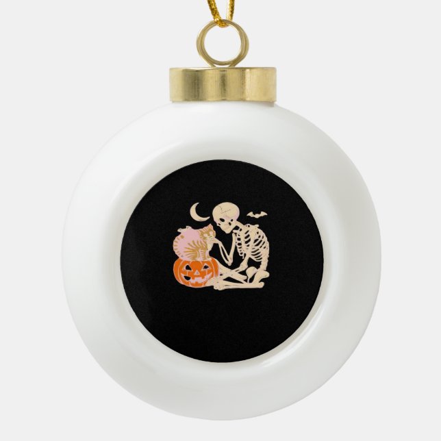 Skeleton Hugging Cat Halloween Cat Lover Cat Mum D Ceramic Ball Christmas Ornament (Front)