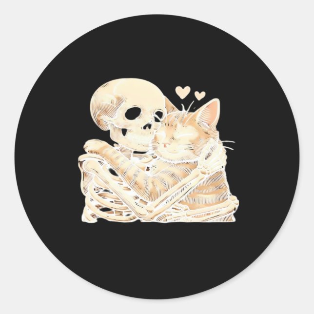 Skeleton Hugging Cat Halloween Cat Lover Cat Mum D Classic Round Sticker (Front)