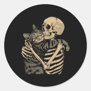 Skeleton Hugging Cat Halloween Cat Lover Cat Mum D Classic Round Sticker