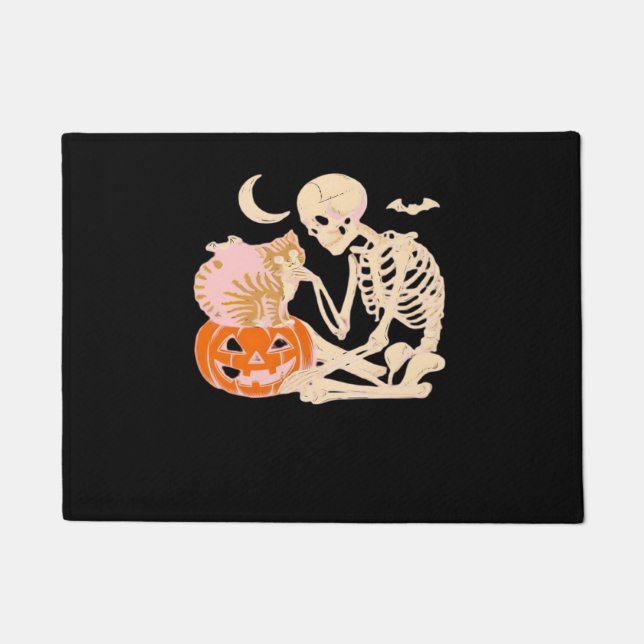 Skeleton Hugging Cat Halloween Cat Lover Cat Mum D Doormat (Front)