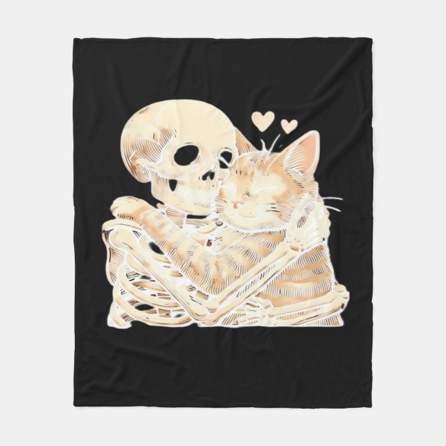 Skeleton Hugging Cat Halloween Cat Lover Cat Mum D Fleece Blanket (Front)