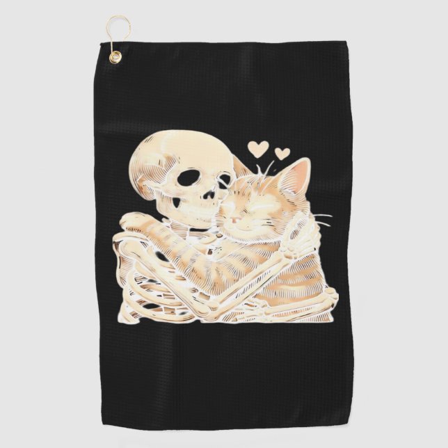 Skeleton Hugging Cat Halloween Cat Lover Cat Mum D Golf Towel (Front)