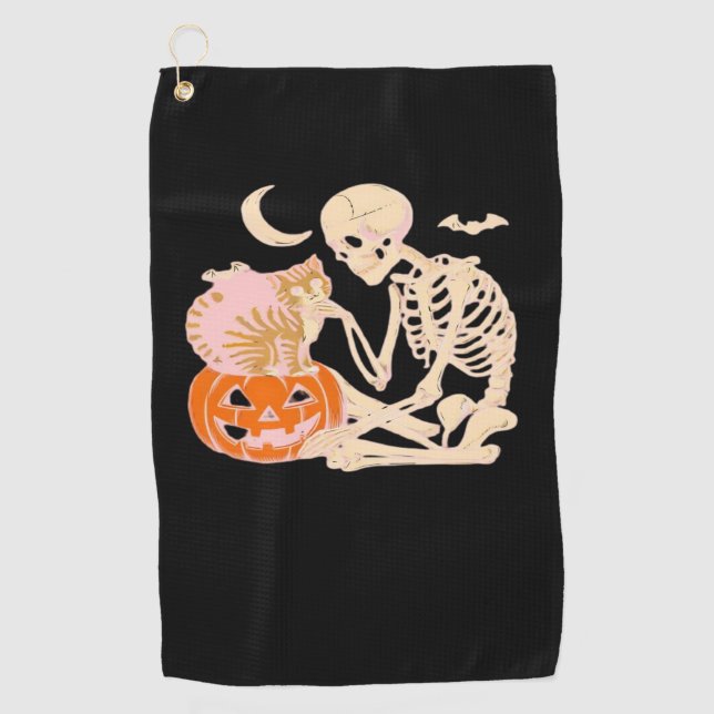 Skeleton Hugging Cat Halloween Cat Lover Cat Mum D Golf Towel (Front)