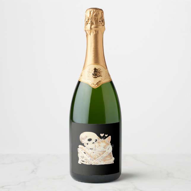 Skeleton Hugging Cat Halloween Cat Lover Cat Mum D Sparkling Wine Label (Front)