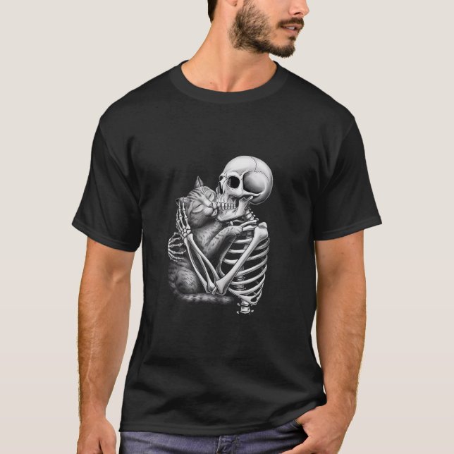 Skeleton Hugging Cat Halloween Cat Lover Cat Mum D T-Shirt (Front)
