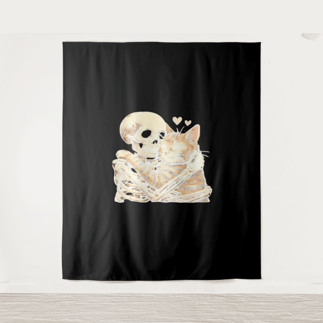 Skeleton Hugging Cat Halloween Cat Lover Cat Mum D Tapestry (Front)
