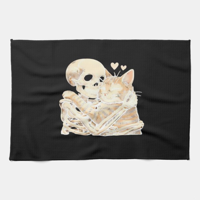 Skeleton Hugging Cat Halloween Cat Lover Cat Mum D Tea Towel (Horizontal)