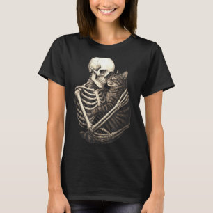 Skeleton Hugging Cat Halloween Cat Lover Cat Mum T-Shirt