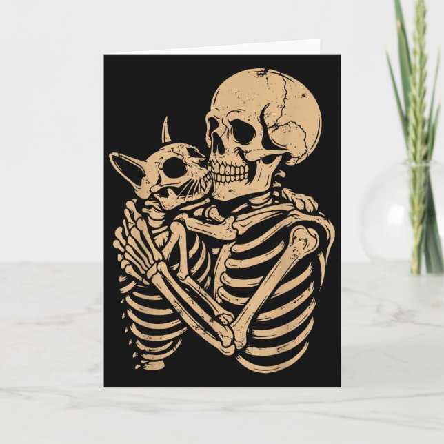 Skeleton Hugging Cat Halloween Funny Cat Lover Cat Card (Front)