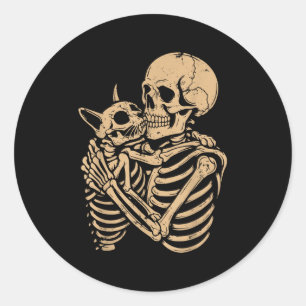Skeleton Hugging Cat Halloween Funny Cat Lover Cat Classic Round Sticker