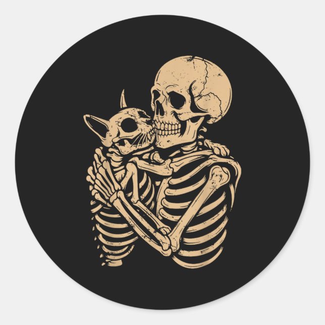Skeleton Hugging Cat Halloween Funny Cat Lover Cat Classic Round Sticker (Front)