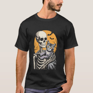 Skeleton Hugging Cat Halloween Moon Cats Lover T-Shirt