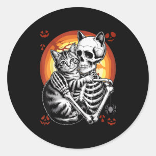 Skeleton Hugging Cat Lover Halloween Funny Apparel Classic Round Sticker