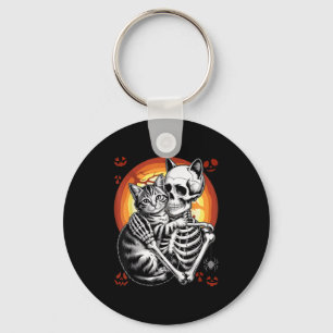 Skeleton Hugging Cat Lover Halloween Funny Apparel Key Ring