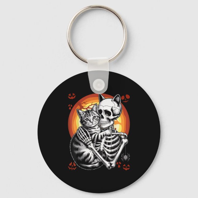Skeleton Hugging Cat Lover Halloween Funny Apparel Key Ring (Front)