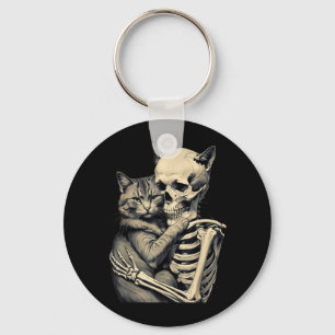 Skeleton Hugging Cat Lover Halloween Funny Apparel Key Ring
