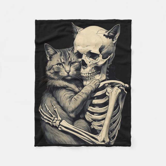 Skeleton Hugging Cat Lover Halloween Tee Funny App Fleece Blanket (Front)