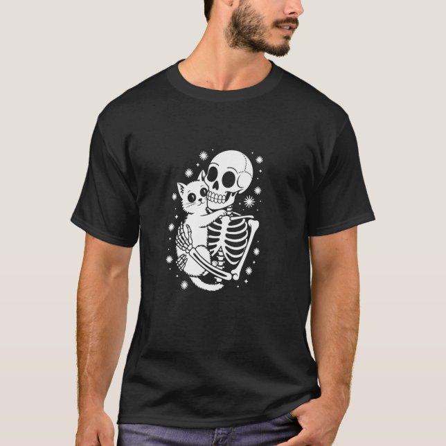 Skeleton Hugging Cat Skull Goth Halloween T-Shirt (Front)