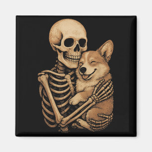 Skeleton Hugging Dog Corgi Funny Halloween Magnet