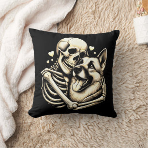 Skeleton Hugging Dog Halloween German Shepherd Cushion