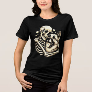 Skeleton Hugging Dog Halloween German Shepherd Tri-Blend Shirt