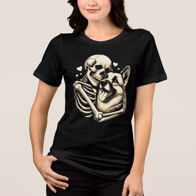 Skeleton Hugging Dog Halloween German Shepherd  Tri-Blend Shirt (Front)