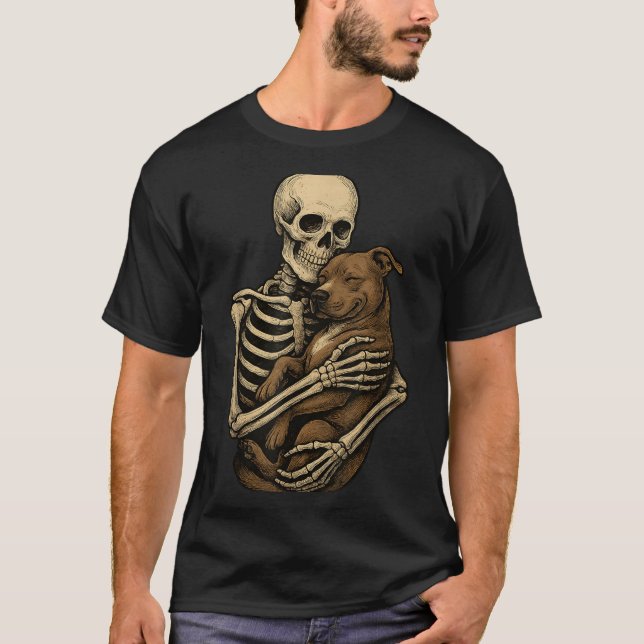 Skeleton Hugging Pittie Dog Pit Bull Funny T-Shirt (Front)