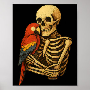 Skeleton Hugging Scarlet Macaw Parrot Funny Poster