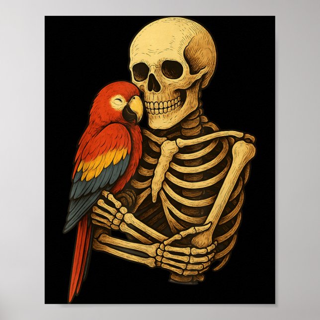 Skeleton Hugging Scarlet Macaw Parrot Funny Poster (Front)