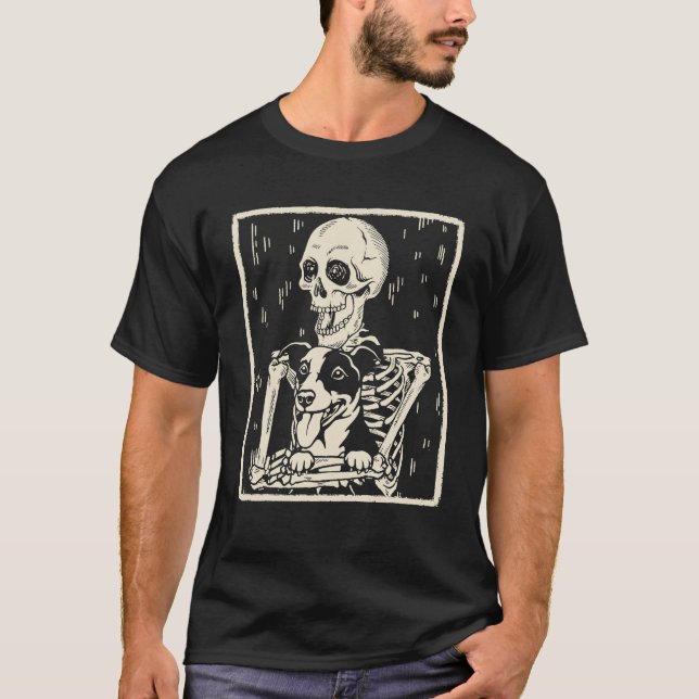 Skeleton Hugs Jack Russell Terrier Dog Halloween T-Shirt (Front)