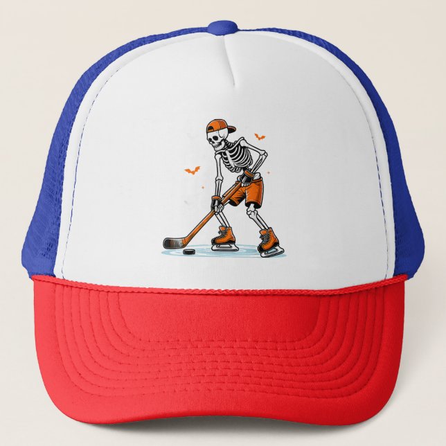 Skeleton Ice Hockey Halloween Boys Funny Halloween Trucker Hat (Front)