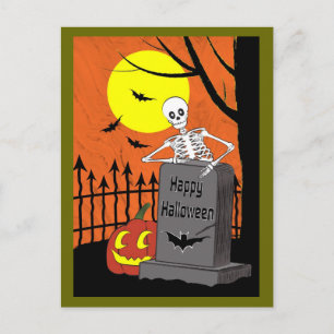 Skeleton in a graveyard postcard