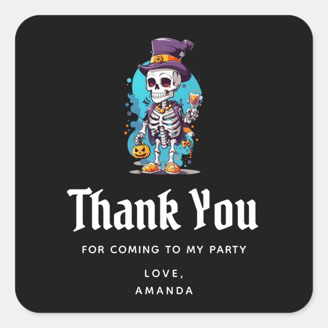 Skeleton in a Top Hat Halloween Party Thank You Square Sticker (Front)