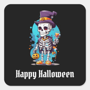 Skeleton in a Top Hat Happy Halloween Square Sticker