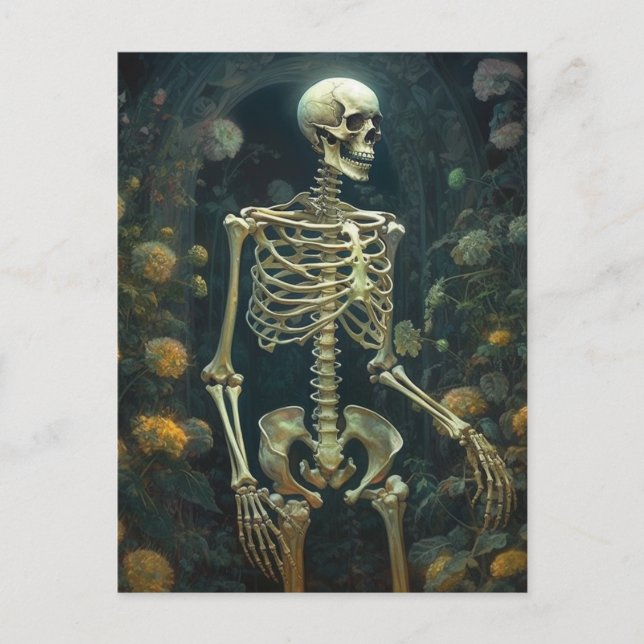 Skeleton in a Yellow Flower Night Garden Postcard (Front)