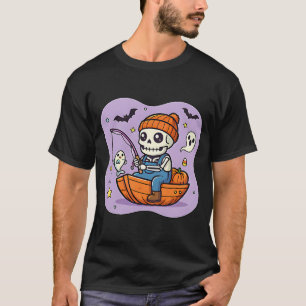Skeleton In Boat Cute Funny Halloween Fishing Humo T-Shirt