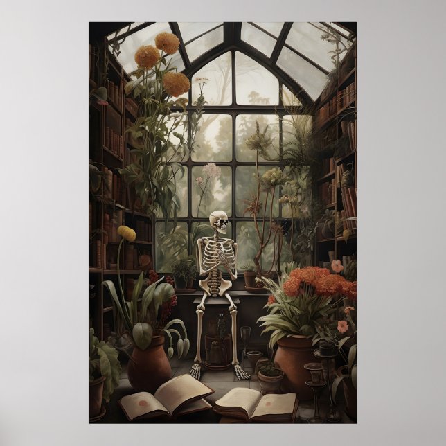 Skeleton In Botanical Abandoned Library Print (Front)