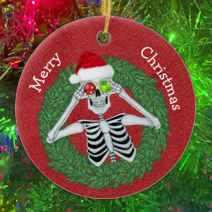 Skeleton in Pine Christmas Wreath Red Hat Funny Ceramic Tree Decoration