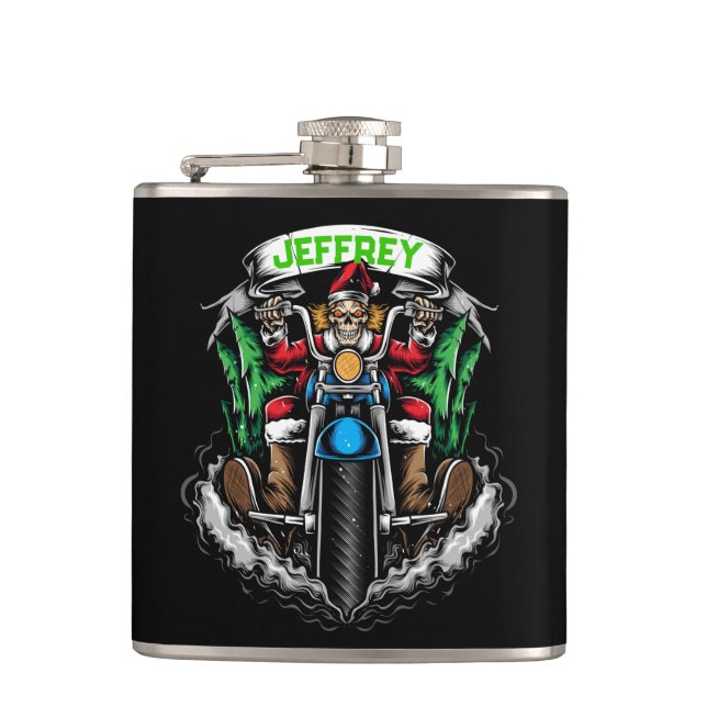 Skeleton in Santa Suit Riding a Motorcycle Hip Flask (Front)